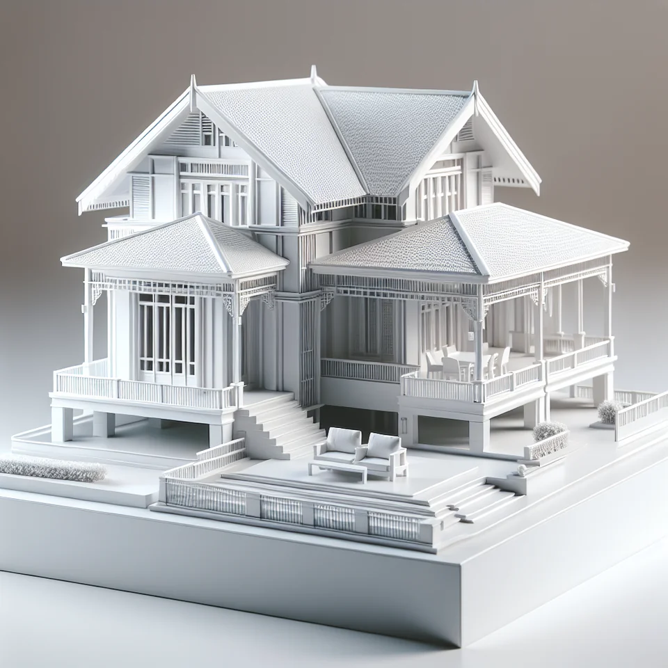 Illustration: House-model illustration with a porch, stairs and layered roof details