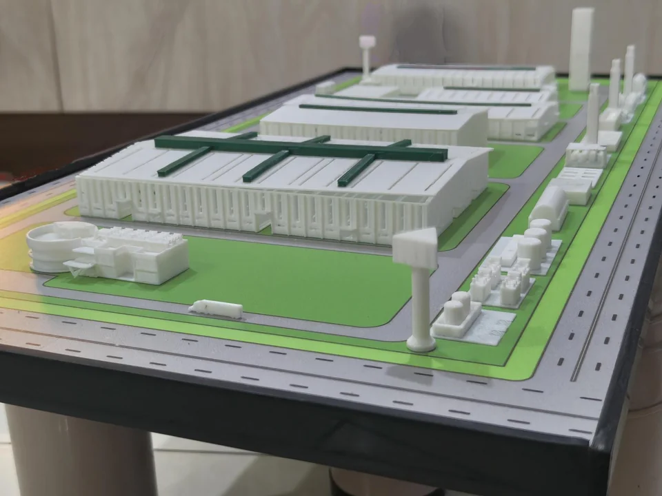 Industrial site model showing buildings, roads and landscaped areas