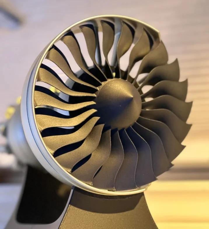 Front view of a turbine fan model with curved blades